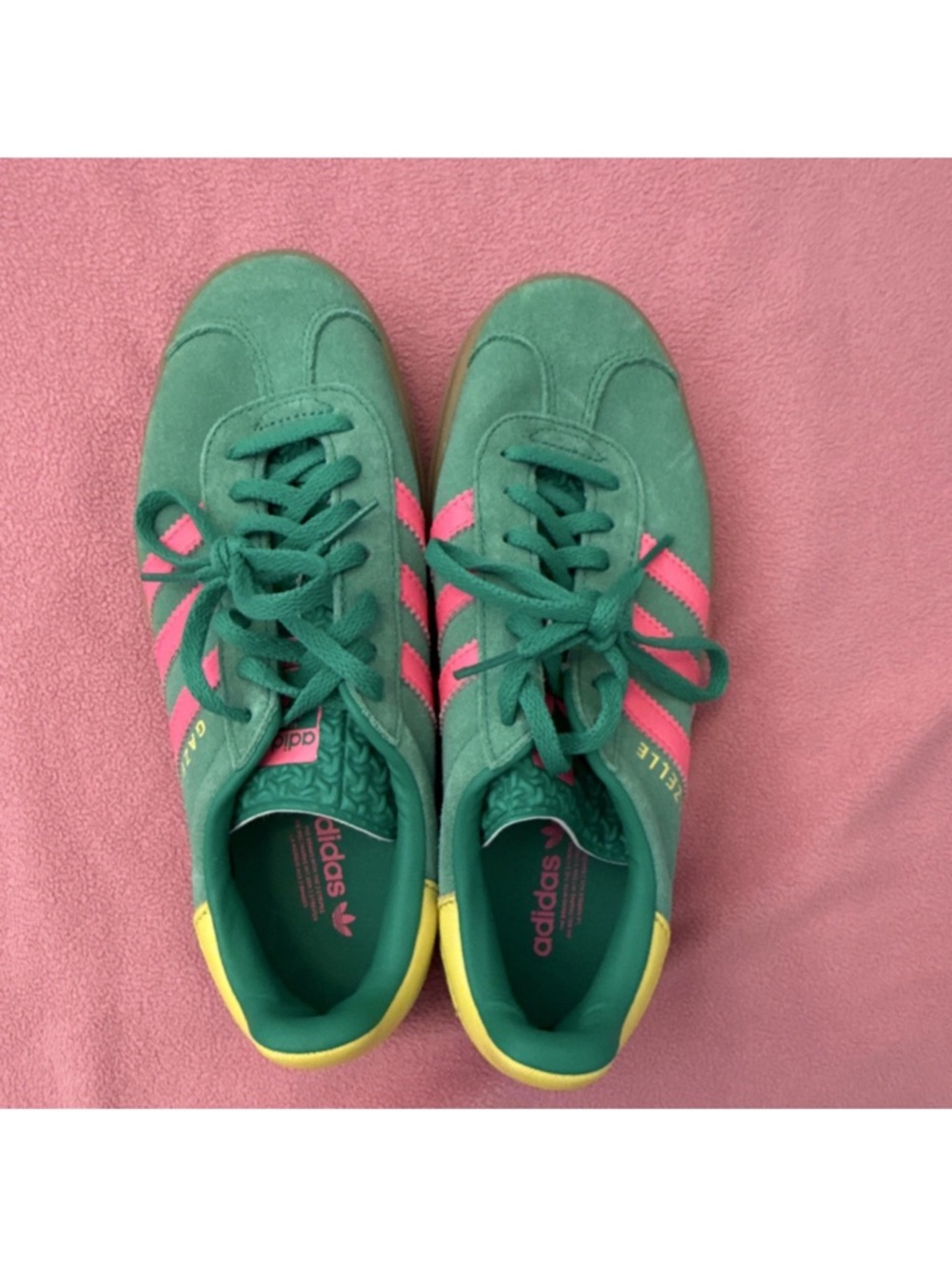 adidas Green Sneakers with Pink Stripes and Yellow Heel Trim